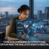 AI transforming international education with futuristic technology and global learning.